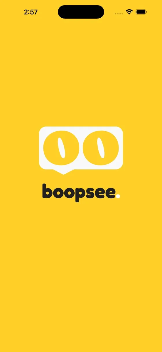 Boopsee launch screen: the yellow app icon and wordmark