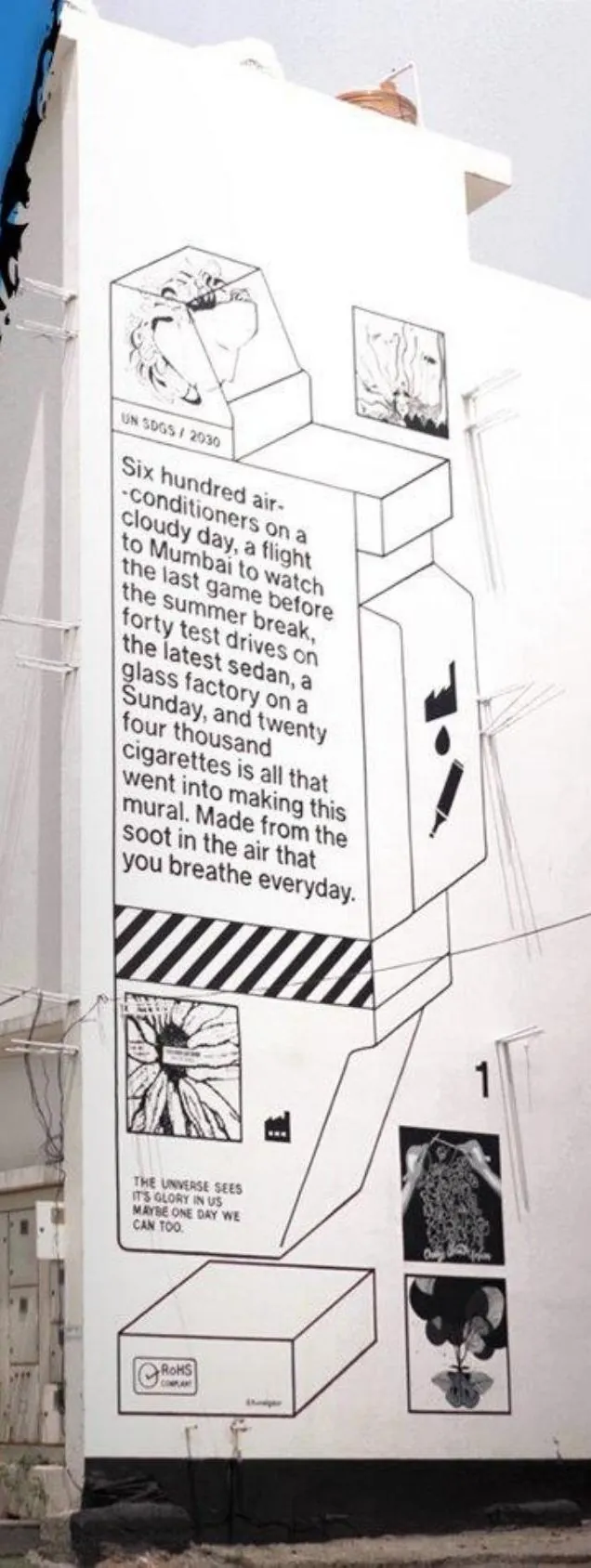 The 35-foot pollution-ink mural on a building in Delhi